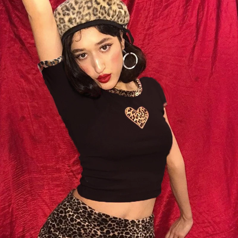 Weekeep Женская леопардовая Лоскутная футболка с коротким рукавом укороченная с круглым вырезом Высокая уличная Футболка женская 2019 Летняя