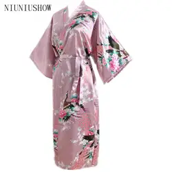 Винтаж розовый Для женщин длинный Атласный халат кимоно платье невесты Свадебная сексуальная ночная рубашка Новинка печати ванны пижамы