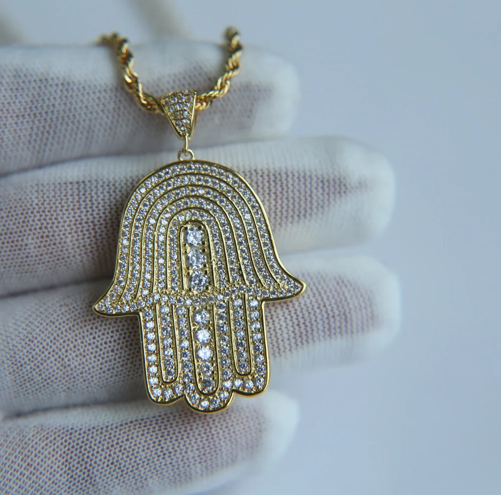 

rope chain mens jewelry hip hop bling 45mm sized micro pave cubic zirconia hamsa hand icedd out cool mens chain necklace