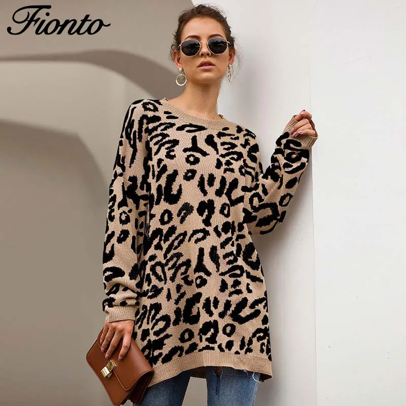 

Fionto 2019 Sweater Women's Four-color Long Sleeve Loose Leopard Print Knit Sweater