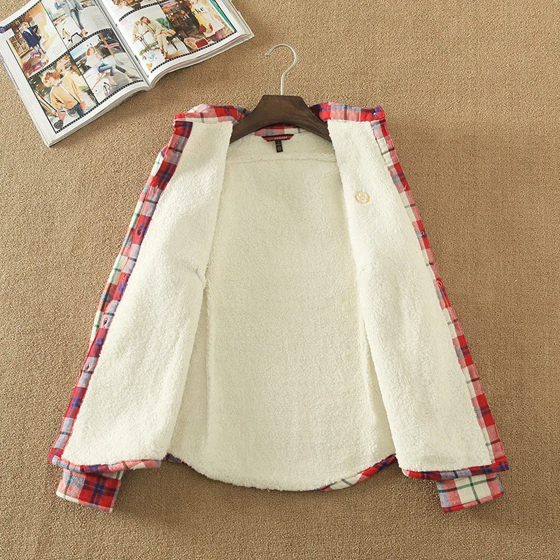 Women's Shirt Autumn Winter Top Ladies Female Casual Cotton Lapel Long-Sleeve Thick Plaid Shirt Women Slim Outerwear Blouse Tops