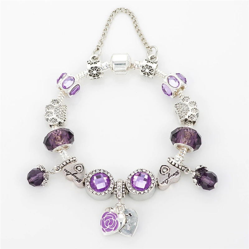 

2019 Exquisite Bracelets Purple Shiny Charms Beads Fits European Bracelets & Bangles Romantic Bracelets DIY Fine Jewelry 16-22cm