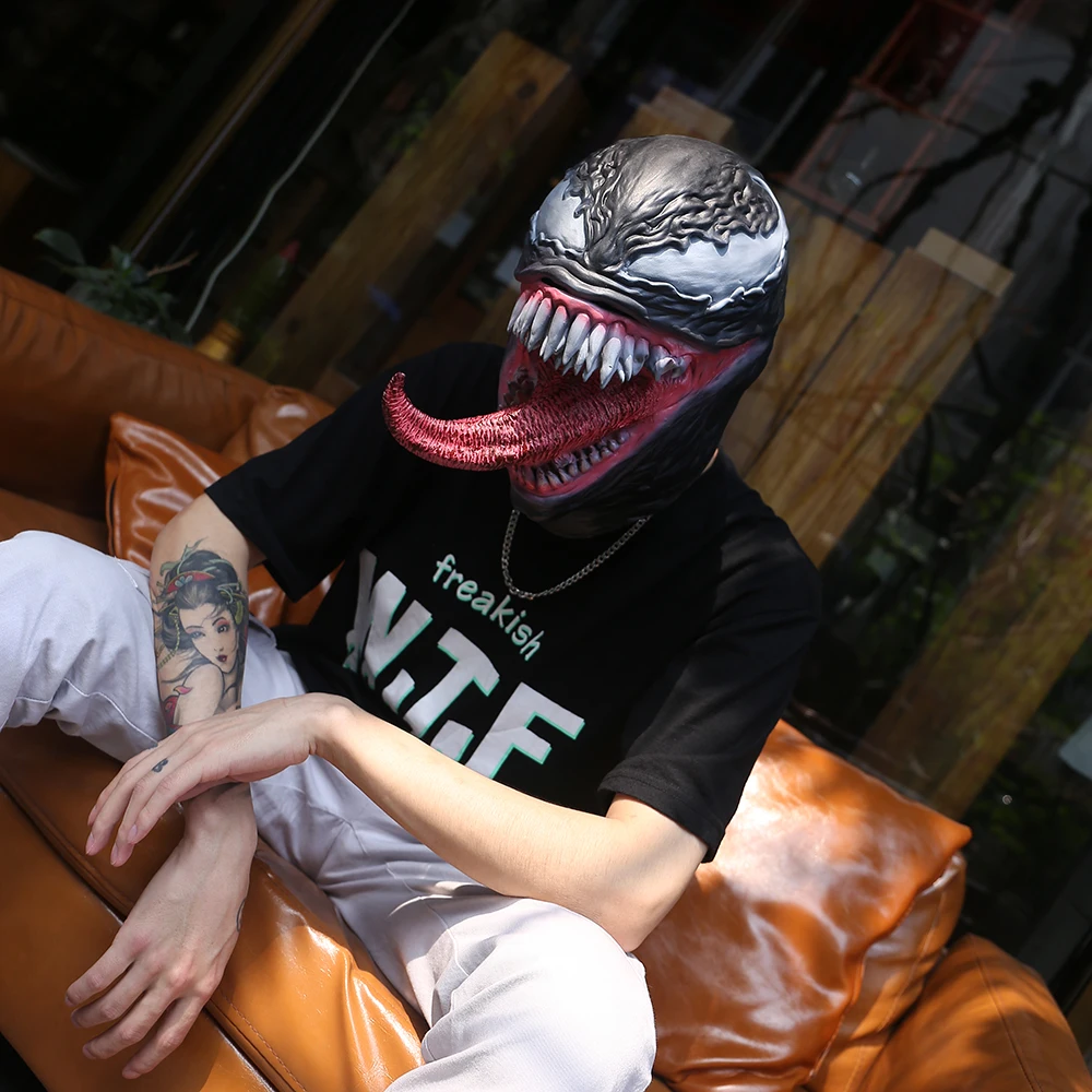 

The Venom Mask With Long Tongue Cosplay Props Spiderman Edward Brock Dark Cosplay Superhero Venom Latex Horror Mask Halloween