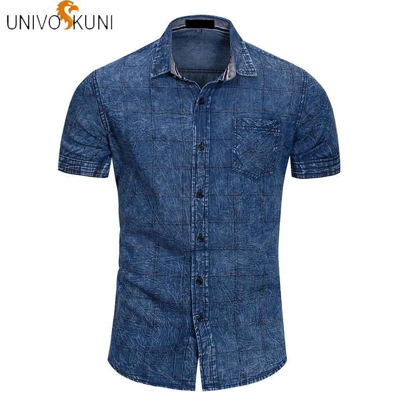 

UNIVOS KUNI 2018 New Fashion Casual Shirts Men Fit Slim Short Sleeve Solid Men Shirts Plaid 100% Cotton Men Denim Shirt Q573