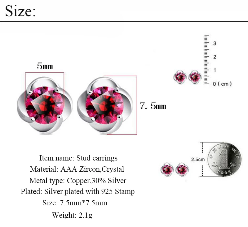 Классические милые красные детские серьги с кубическим цирконием ААА для девочек, детские ювелирные изделия, маленькие серьги с кристаллами, посеребренные серьги