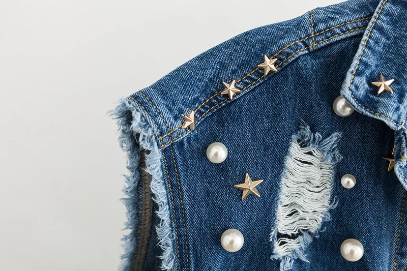 Sleeveless Jackets Embroidered Flares Women Coats Plus Size High Street Hole Denim Jacket Blue Outerwear KKFY3162