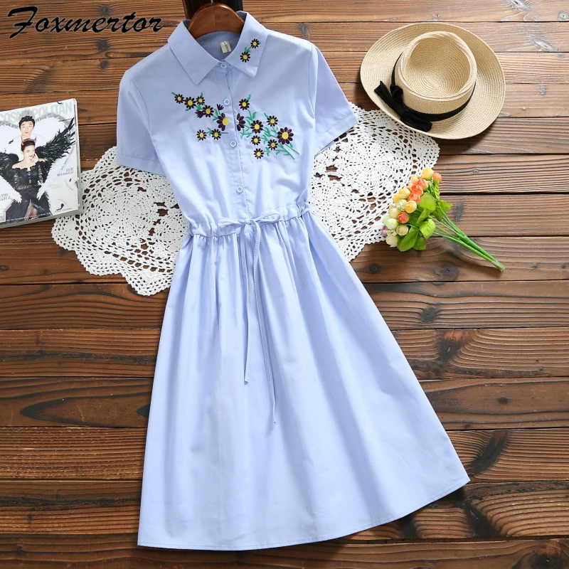 

Embroidery Dress Short Sleeve Women Summer Shirt Dress Sweet Cute Style Female Clothing Elegant A Line Dresses Linen E141