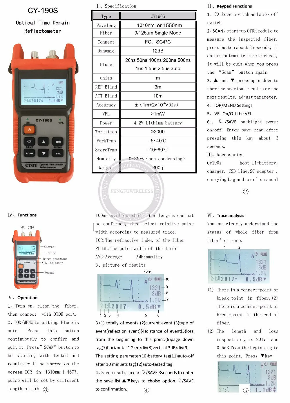 OTDR CY-190S SM 60 км 1310nm/1550nm 1 мВт VFL волокно тестер неисправностей CY190S оптический рефлектометр