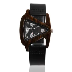 Unisex charme vidro preto relógios de madeira para mulher triângulo relógio de pulso com couro genuíno relógio de quartzo analógico na caixa