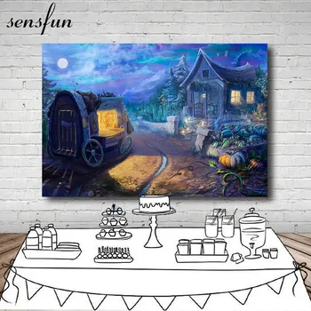 

Sensfun Fairy Tale Backdrop For Photo Studio Moon Carriage House Pumpkin Backgrounds Photo Both 7x5FT Vinyl