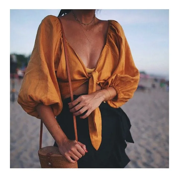 

2019 New Sexy Fashion Lantern Sleeve Lace Up Crop Shirts Women Deep V-Neck Loose Blouse Solid Beach Top