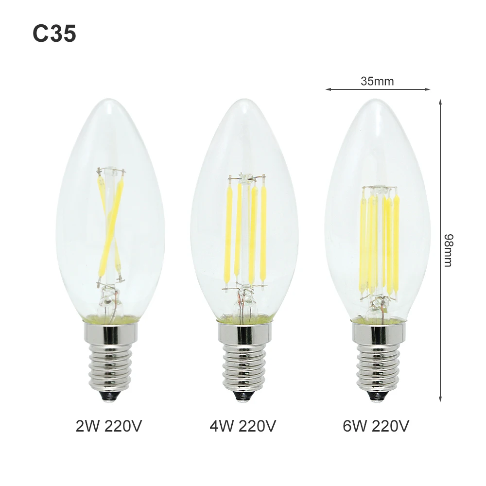 1 шт. 2 Вт 4 Вт 6 Вт E14 220 В светодиодный нить накаливания с регулируемой яркостью лампы C35 типа ретро свеча Эддисона лампы заменить 20 Вт 30 Вт 40 Вт галогенные лампы освещения