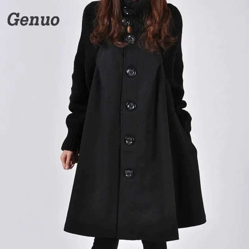 Длинная женская куртка, пальто, плащ-ветровка, свободное зимнее шерстяное пальто для женщин, Осеннее манто, Femme Hiver, теплая накидка из натуральной кожи - Цвет: Черный