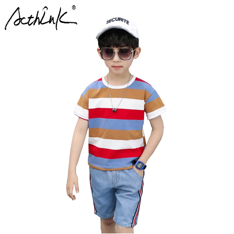 

ActhInK 2019 New 3 Colors Teenage Boys Summer Clothing Set 2Pcs Kids Summer Suit Contrast Color Boys Summer Casual Suit