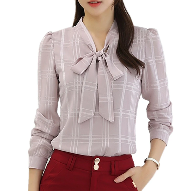 

S-3XL Women Plaid Blouses 2019 Fashion Autumn Chiffon Blouse Bluas Feminina White Long Sleeve Winter Tops Plus Size Blouse Shirt