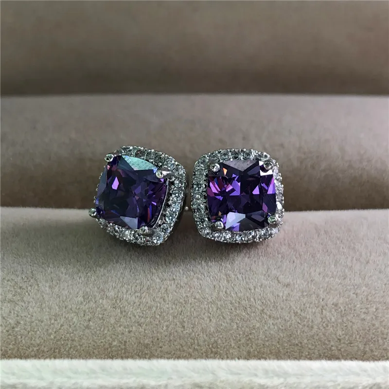 

Luxury Female Crystal Purple Stone Earrings Fashion Silver Rose Gold Earrings Vintage Double Stud Earrings For Women