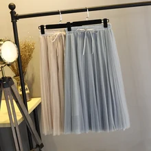 GIGOGOU весна осень лето Тюлевая юбка s Женская Черная серая взрослая Тюлевая юбка эластичная высокая талия плиссированная миди юбка 3 слоя