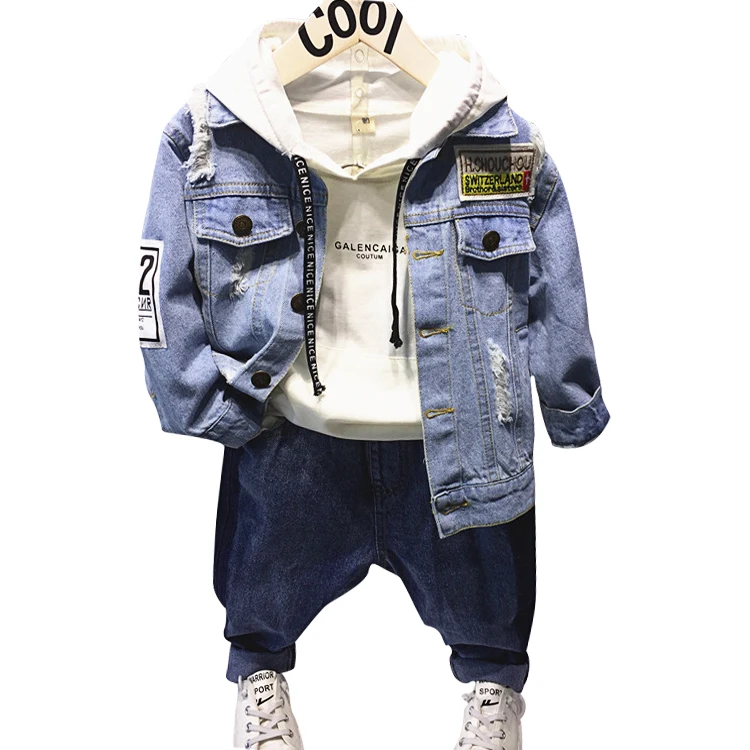 Spring Autumn baby boys hooded sweatshirt + denim jacket + jeans boys 3