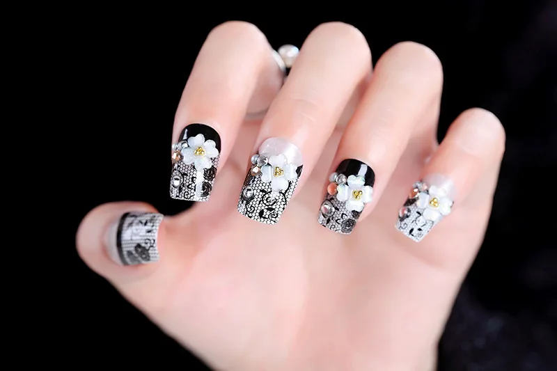 

New 24 pieces Sexy Black Lace Noble Flower Girls French 3D Fashion Style With Design Long Fake false Sticker Nail Tip With Glue