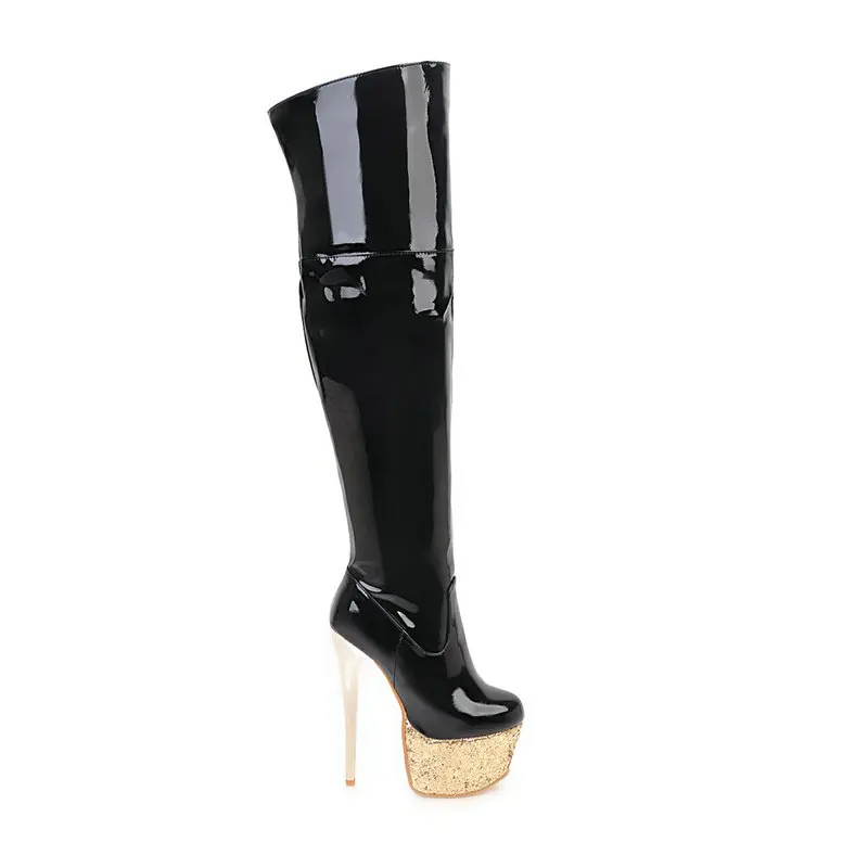 Женские пикантные сапоги до бедра на платформе и тонком высоком каблуке с боковой молнией; модная зимняя обувь с круглым носком для ночного клуба; цвет черный, красный, белый