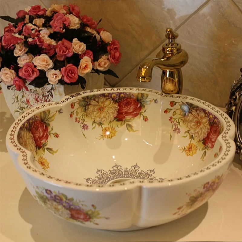 ピンクの花が付いているセラミック洗面台 洗面台 バスルームシンク 送料無料 Bathroom Sink Wash Basinwash Basin Bathroom Aliexpress