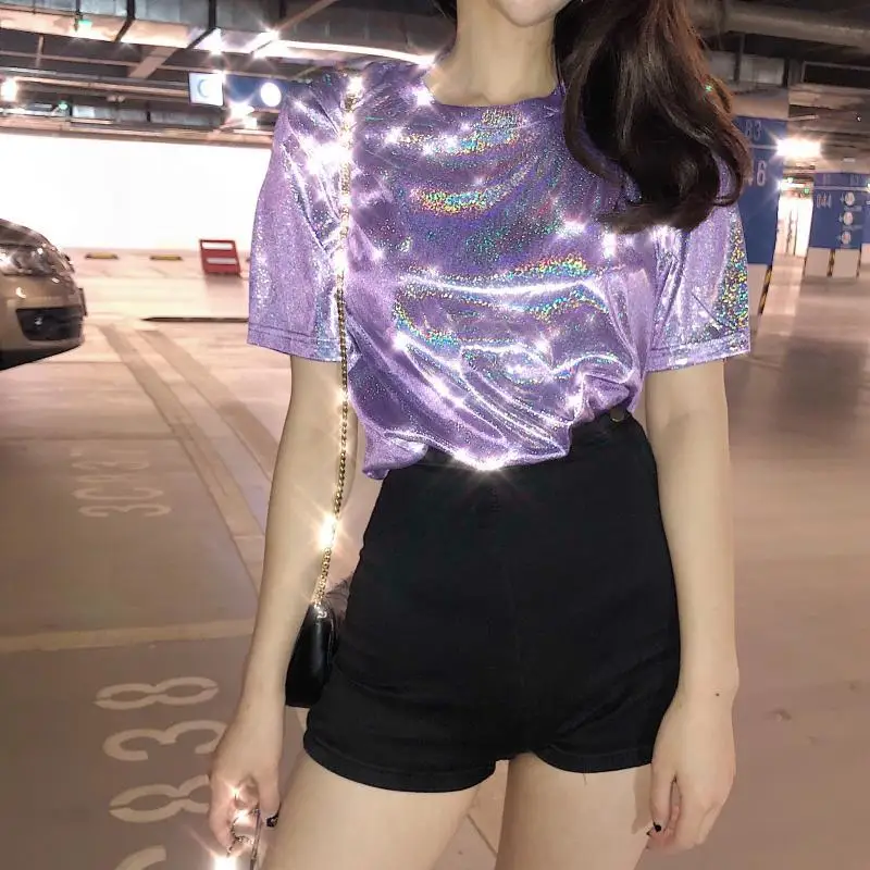 

2019 Fashion Sequins T Shirt Women Sexy Clubwear Streetwear Summer Tops Short Sleeve Unif Outfit Women Clothes
