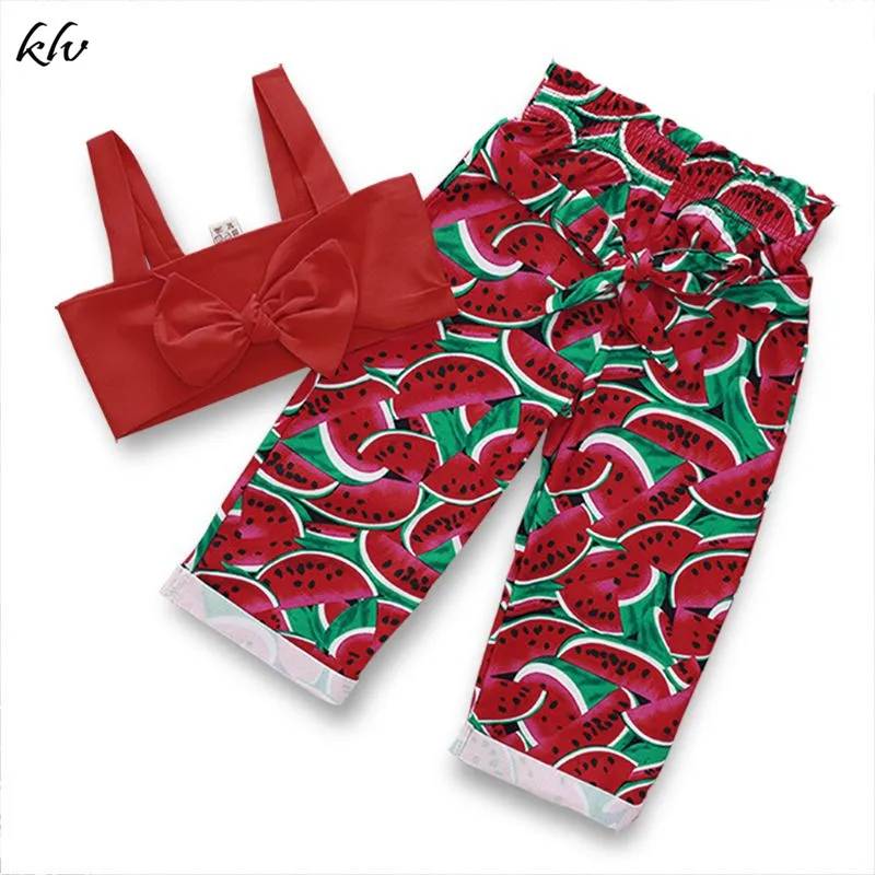 

Kids Outfits Cotton Toddler Kids Baby Girls Sleevelss Sling Bow Vest Tops+High Waist Watermelon Printing Pants 2PC Outfits