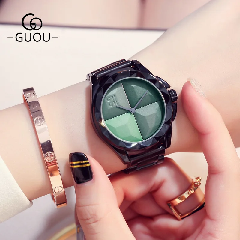 Guou Роскошные брендовые модные черные стальные Простые Подарочные наручные часы для девушек женские кварцевые часы женские наручные часы Reloj Mujer - Цвет: Зеленый