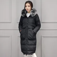 Большой меховой воротник лиса утолщение теплая вниз зимнее пальто женщин долго тонкий мода куртки женские ветровки новых осенью g8926