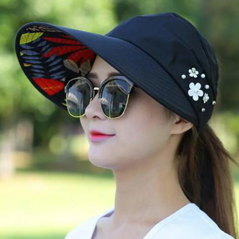 Новые летние пляжные женские солнцезащитные шляпы для защиты от УФ-лучей жемчужные Упакованные солнцезащитные козырьки шляпа с большими головками широкие полями женская шапка Горячая