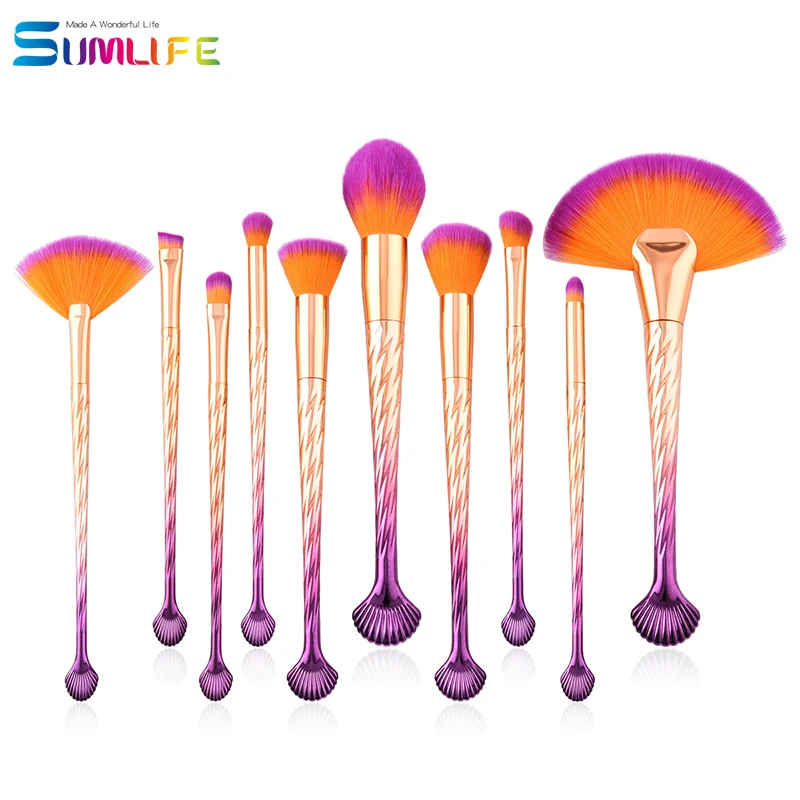 10 Pcs Shell Handle Makeup Brushes Set Retro Gold Eyebrow /Eyeshadow