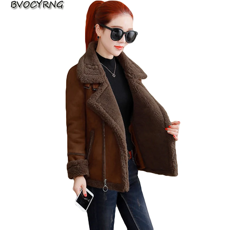 

New Fashion Sheepskin Coats Women 2018 Autumn Winter Womens Thicken Lambs Wool Short Biker Faux Leather Suede Jackets A0791