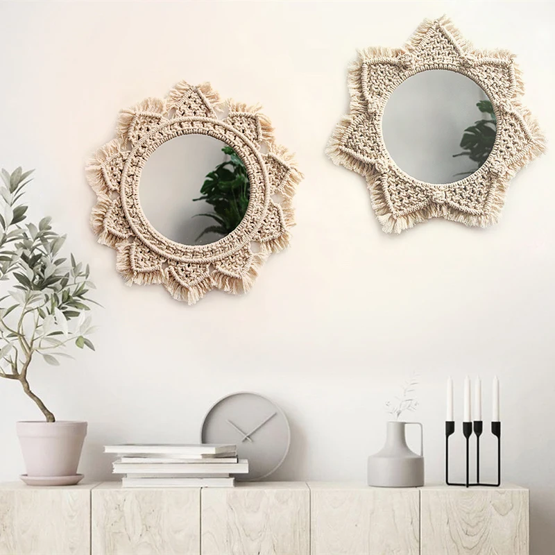 Diámetro 40CM boho macramé tejido a mano simple hogar colgar sala de estar decoración colgante de pared espejo decorativo tapiz de pared Diámetro 40CM boho macramé tejido a mano simple hogar colgar sala de estar decoración colgante de pared espejo decorativo tapiz de pared