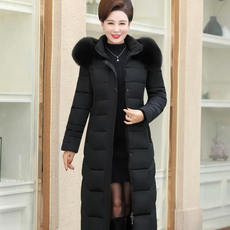Зимнее хлопковое приталенное длинное пальто для девочек Модная хлопковая куртка с капюшоном и меховым воротником больших размеров - Цвет: Black
