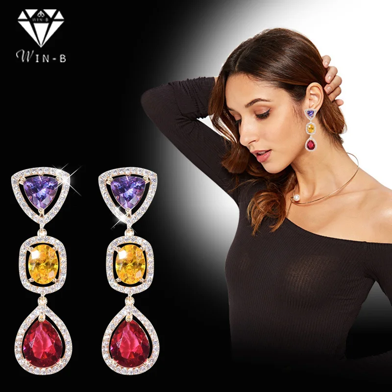 

WIN-B Women Colorful Drop Earring Fashion Muticolor AAA Zircon Earrings Luxury Purple Rhinestone Jewelry