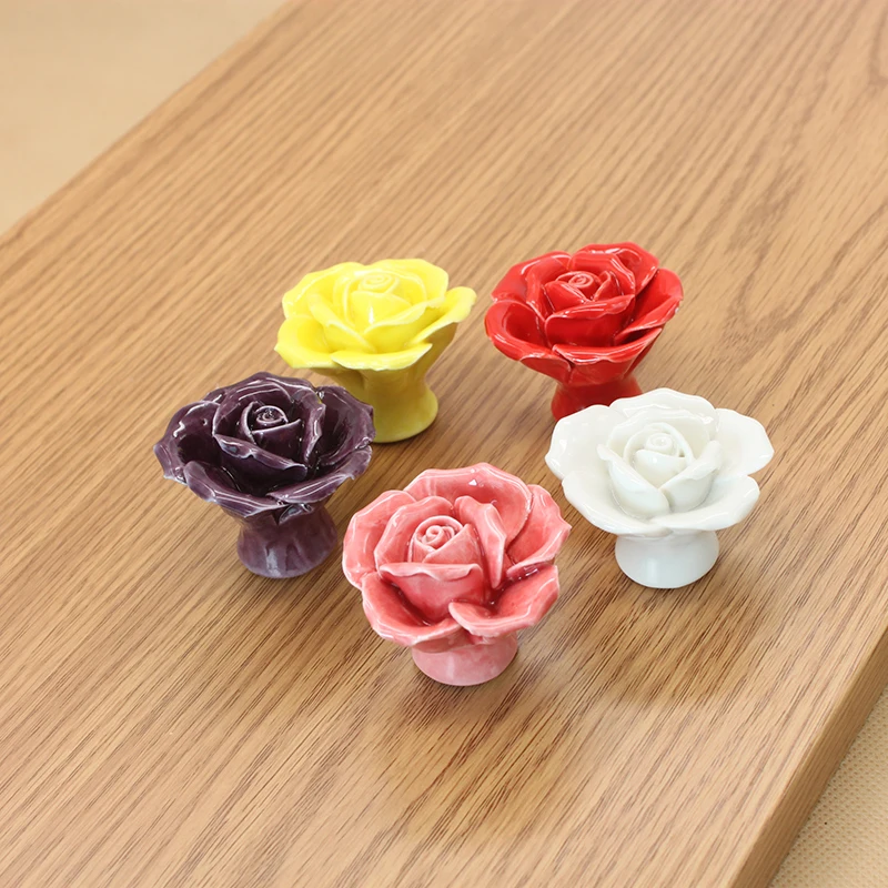 FAST SHIPPING 40MM Colored Rose Shaped Ceramic Knobs porcelain KNOB for