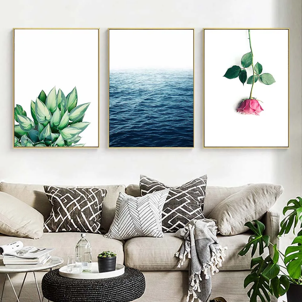 Современный холст без рамки с зелеными растениями цветами морским ландшафтом