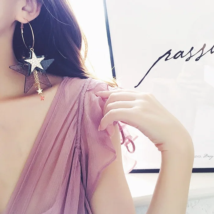 

Ajojewel Exaggerated Rhinestone Five-pointed Star Tassel Earrings Women Gold Color Big Circle Drop Earrings