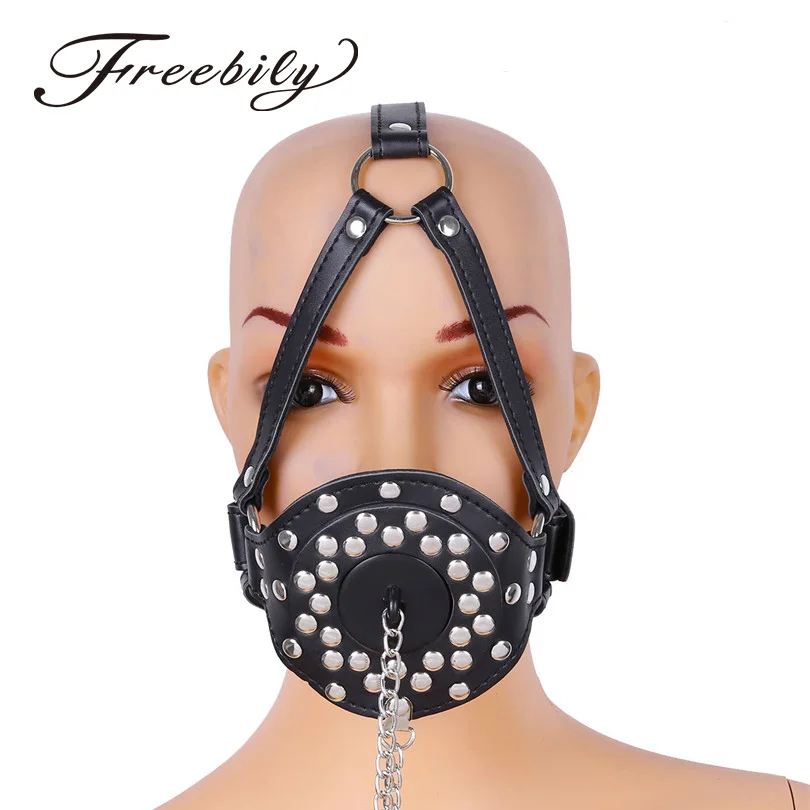 Women Hot Adjustable Leather Rivet Studded O Ring Mouth Gag Gagged Plug