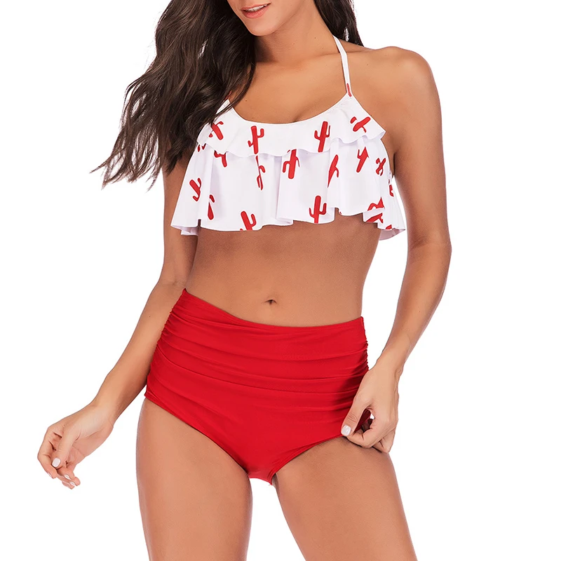 

High Waist Swimsuit 2019 Split Pleated Ruffle New Girls Beach Bathing Suit Bikini Sets Two Pieces Swimwear Sexy Bikini Swimsuits
