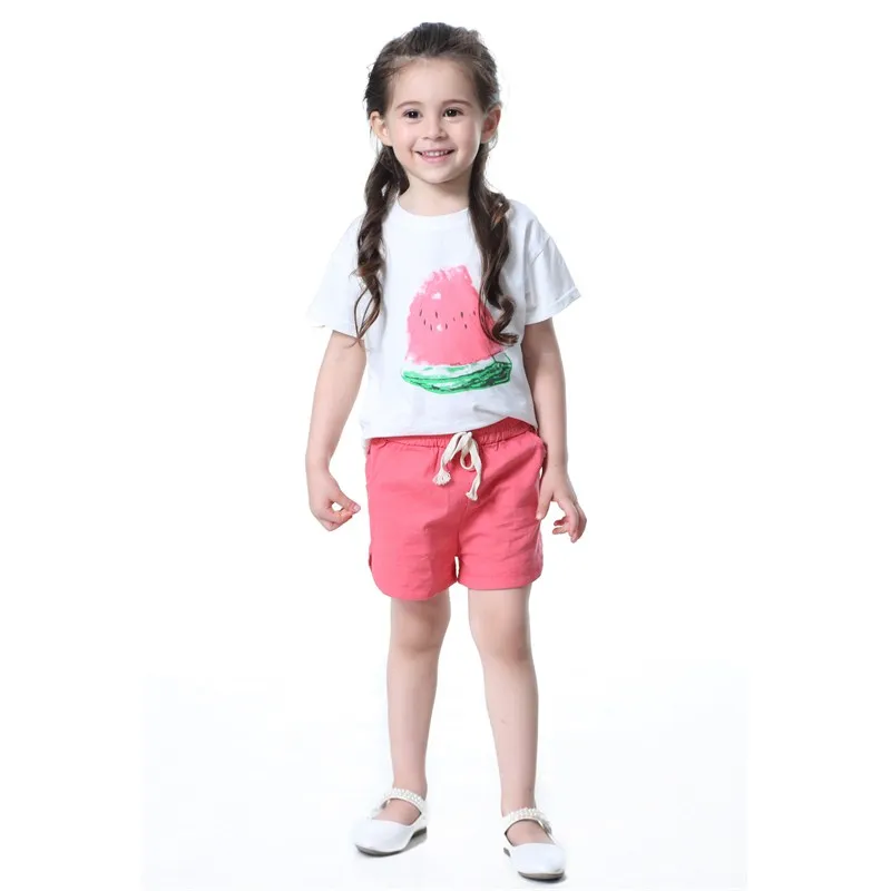 

Girls Clothing Sets 2018 New Summer Girls clothes Watermelon Pattern Print Kids clothes T-shirt + Red Shorts Children clothing