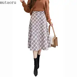 Mutaoru 2018 замша юбка на осень-зиму женские повседневные юбки модное Высокая талия плед
