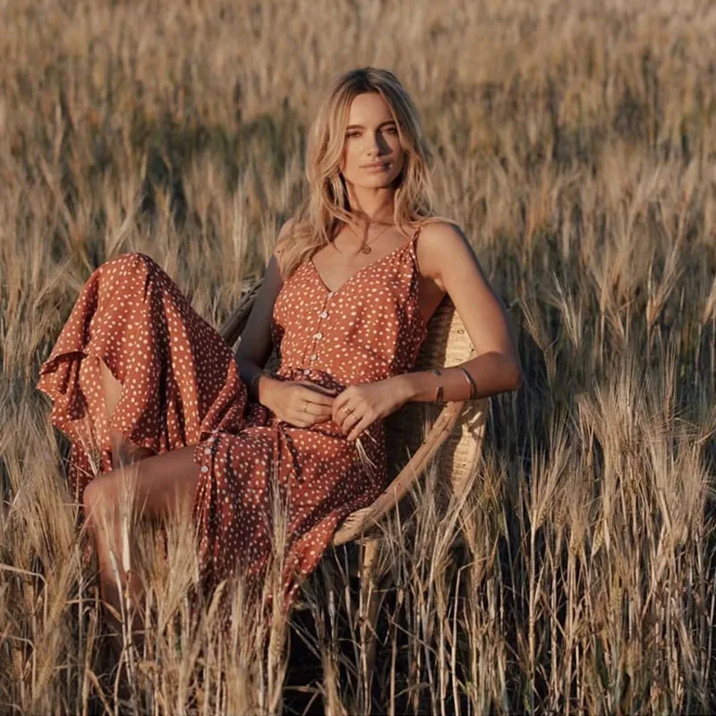 Фото Элегантное женское длинное платье в горошек Boho летний сексуальный сарафан с v Элегантное женское длинное платье в горошек Boho летний сексуальный сарафан с v