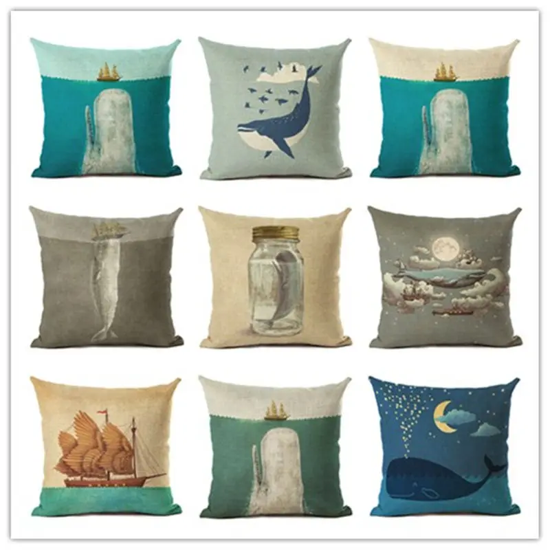

Fashion Digital Printing Cushion Cover Whales and sea Pattern Throw Pillowcase Home Decor Cotton Linen Cojines