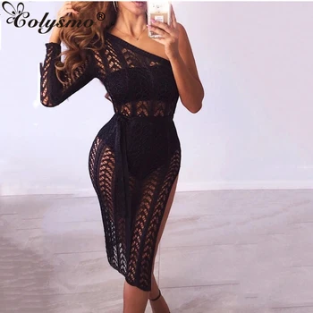 

Colysmo One Shoulder Sweater Dress Autumn Sexy Sweater Women Knitted Dress Elegant White Long Sweaters See Through Sueter Mujer