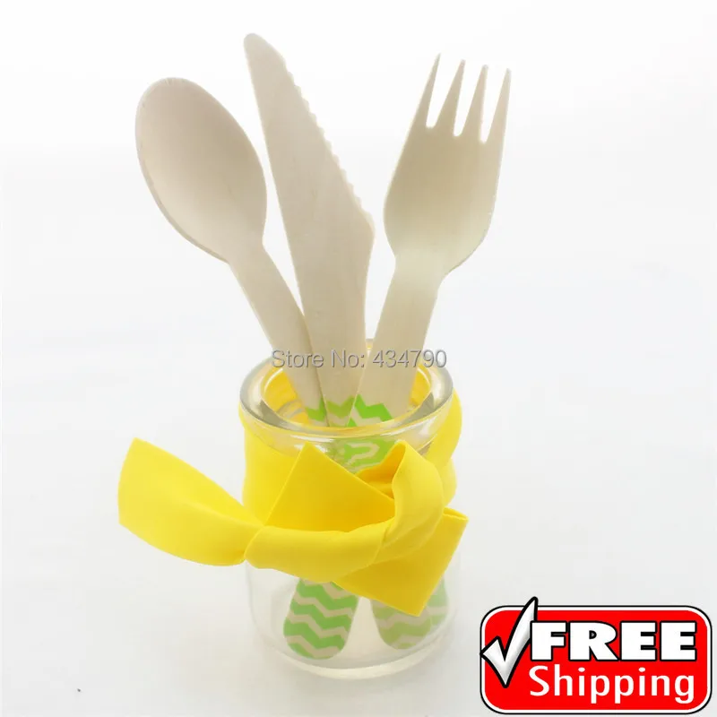 150pcs Green Chevron Wooden Cutlery Set,Wood Forks Knifes,Printed Zig