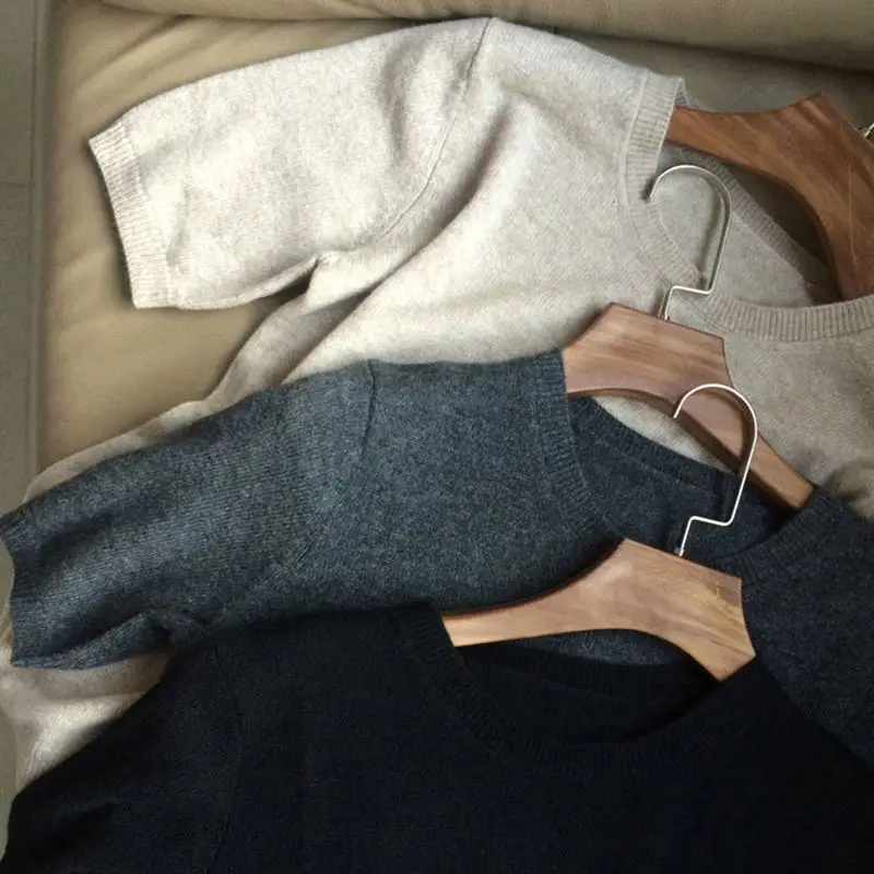 2019 Women's Cashmere Oversize code Round neck  Short Sleeve Knitted Pullover Tee Base T Wool Cashmere Sweater Women Jumper