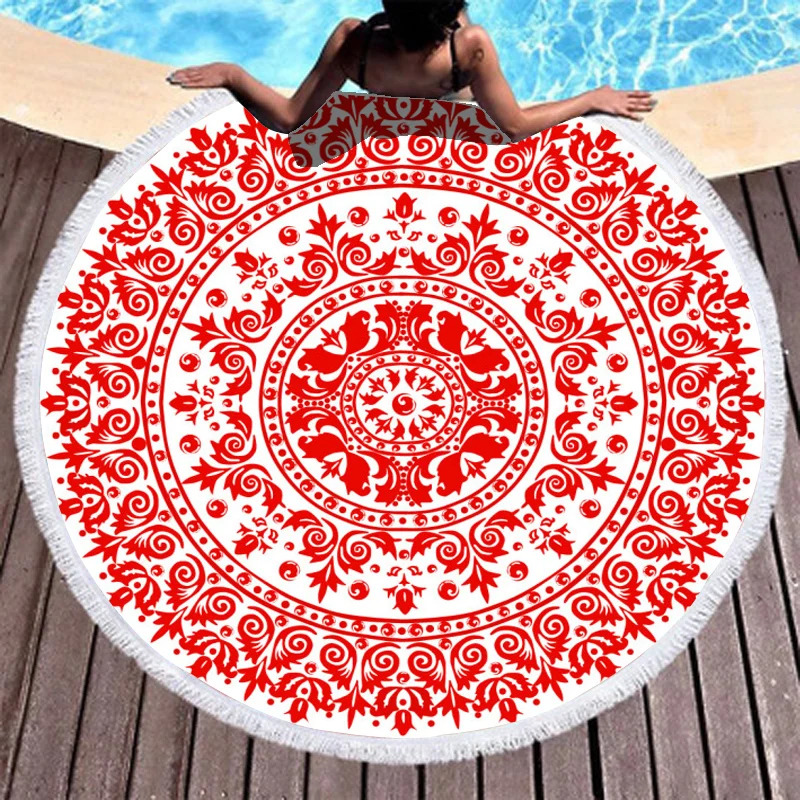 

Boho Beach Towels Printed Red Mandala Beach Towel Microfiber Round Fabric Bath Towels For Living Room Home Decorative