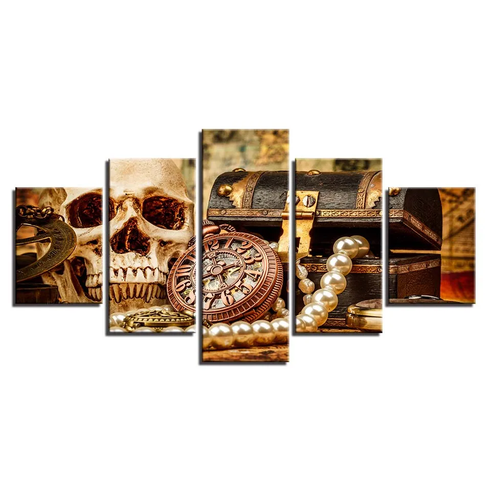 tableau grand format représentant une tete de mort et coffre de pirate 