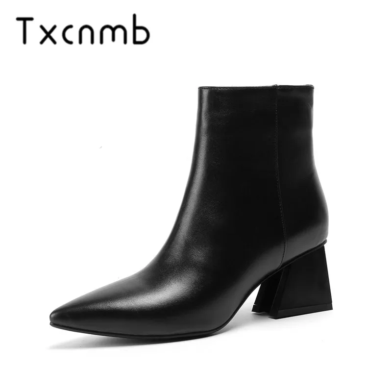 

TXCNMB 100% Cow Leather Women Ankle Boots Poined Toe 5.5cm Thick Heels Elegant Ladies Work Shoes Woman Black Large Size 40